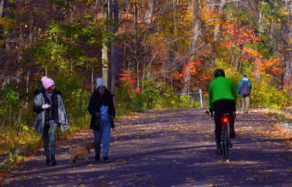 Two woman walking a dog and a cyclist riding past them at an outdoor trail